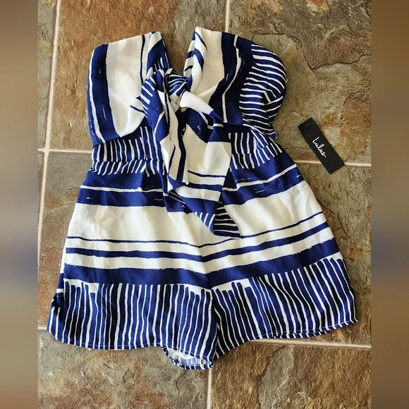 NWT Lulus Delphi Greek Isles Romper S Jumpsuit Blue and White - Picture 7 of 7